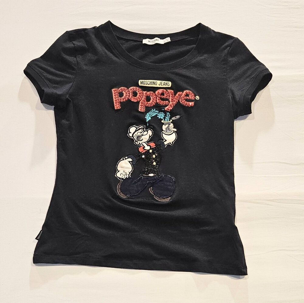 Moschino Jeans Popeye Graphic T-Shirt Women’s Size 14 Black Embellished Tee